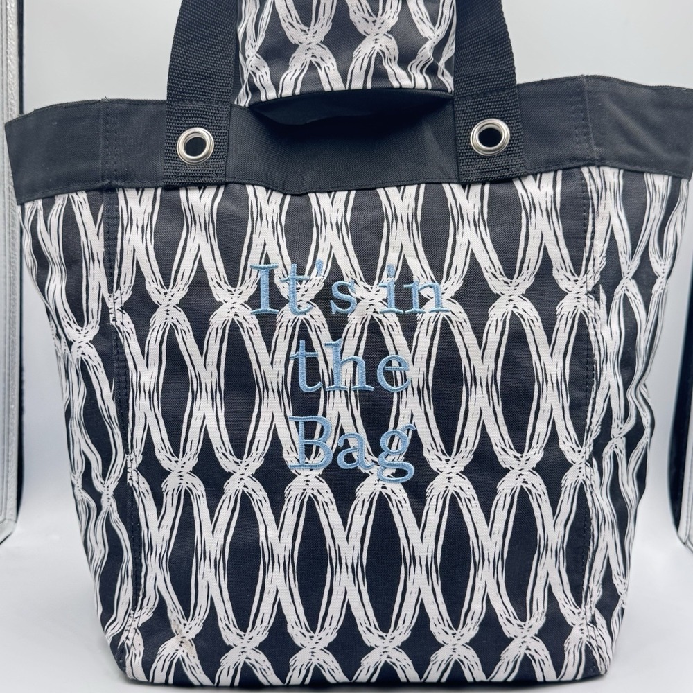 Thirty One Go-To Tote Black Links & O Snap Bin Embroidered It's In The Bag Euc